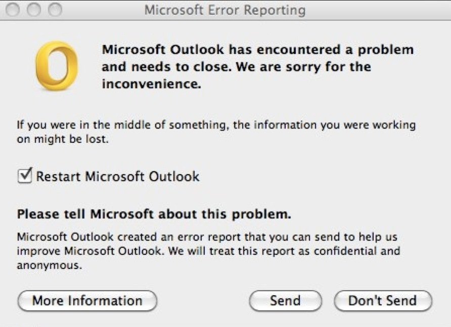 outlook for mac opens with an error message and closes down